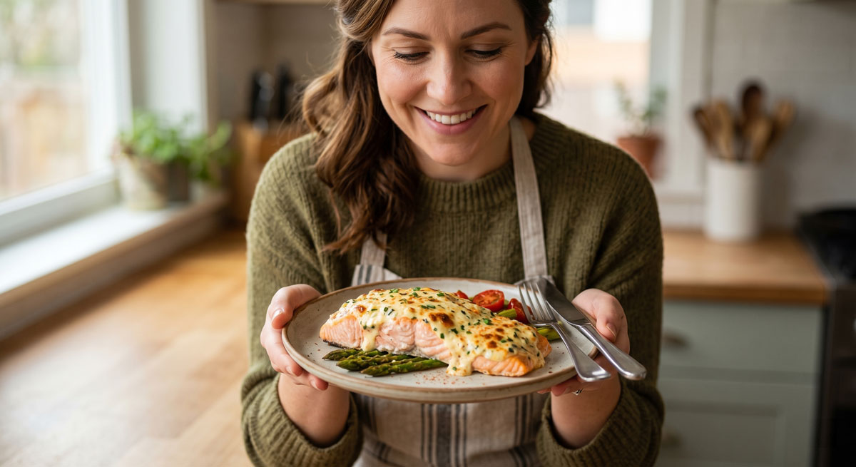 A smiling woman in an green sweater and apron holds out a plate featuring a flaky salmon fillet covered in a golden, bubbly cream cheese and chive crust, served over green asparagus. Focus keyword: Cream Cheese Baked Salmon.
