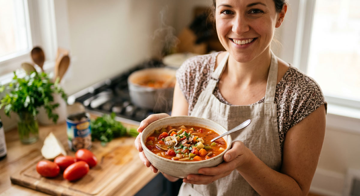 A food blogger smiling while holding a comforting bowl of homemade Manhattan Clam Chowder with fresh tomatoes and clams in the background.