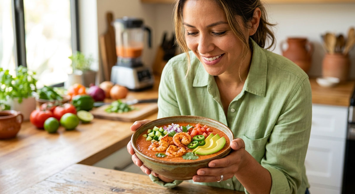 A smiling woman holding a freshly made bowl of Mexican Shrimp Gazpacho, garnished with seared shrimp, sliced avocado, diced cucumber, and jalapeños in a bright, modern kitchen.