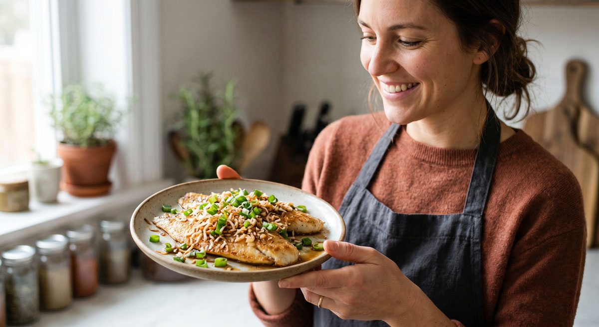 A smiling woman standing in a bright kitchen holding a freshly cooked plate of Quick Dinner Tilapia, featuring golden pan-seared fillets topped with toasted shredded coconut, minced ginger, and fresh green scallions.