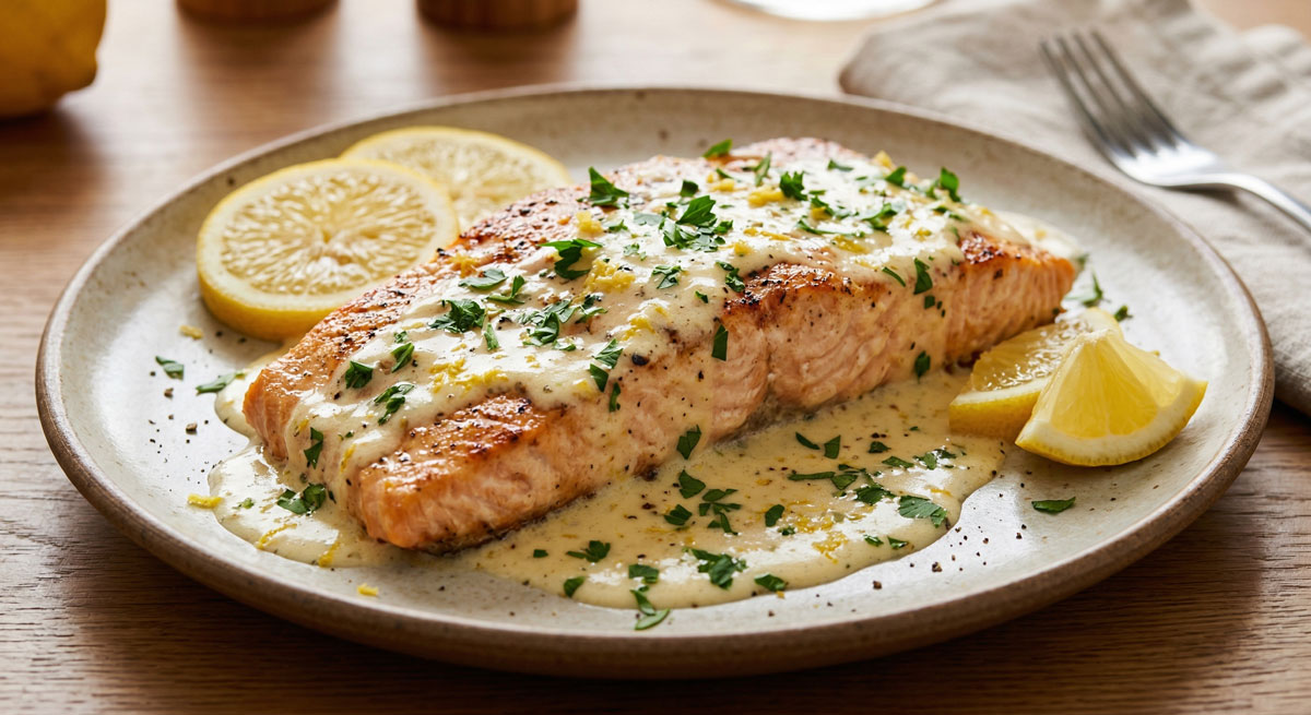 A close-up photograph of a plated flaky salmon fillet generously smothered in a rich, velvety creamy lemon sauce, garnished with fresh chopped parsley and grated lemon zest, served alongside fresh lemon slices on a rustic ceramic plate.