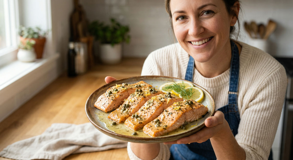 A smiling woman in a home kitchen holding a ceramic plate of tender Salmon with Lemon-Caper Sauce, garnished with fresh lemon slices and dill.