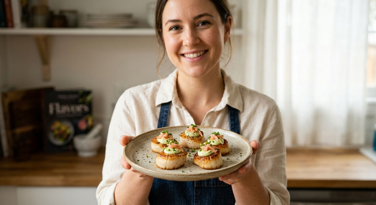 A smiling woman in an apron standing in a bright kitchen, proudly holding a plate of perfectly Seared Scallops with Wasabi Mayo, garnished with pickled ginger and fresh chopped chives.