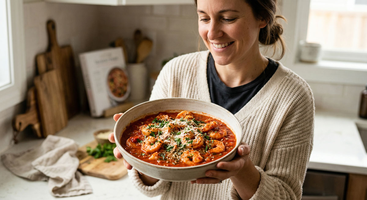 A smiling woman wearing a beige knit sweater holds a large rustic bowl filled with slow cooker Shrimp in Marinara Sauce, garnished with fresh parsley and grated parmesan cheese, against a blurred kitchen backdrop.