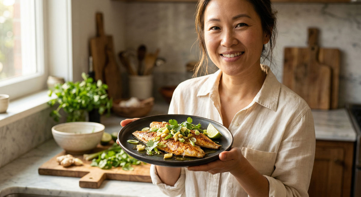 A smiling woman in a rustic kitchen holding a plate of Soy-Ginger Steamed Pompano, garnished with cilantro and lime.