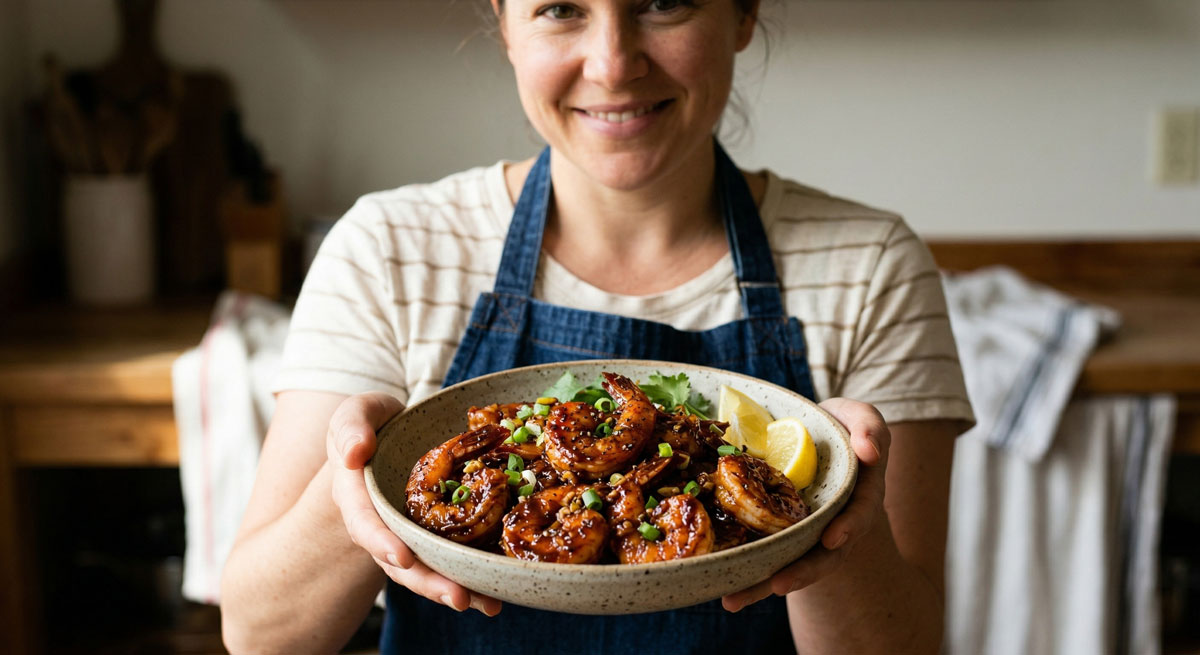 A smiling woman wearing a denim apron presents a ceramic bowl filled with glossy, flavorful Spicy Barbecue Shrimp garnished with green onions and a lemon wedge.