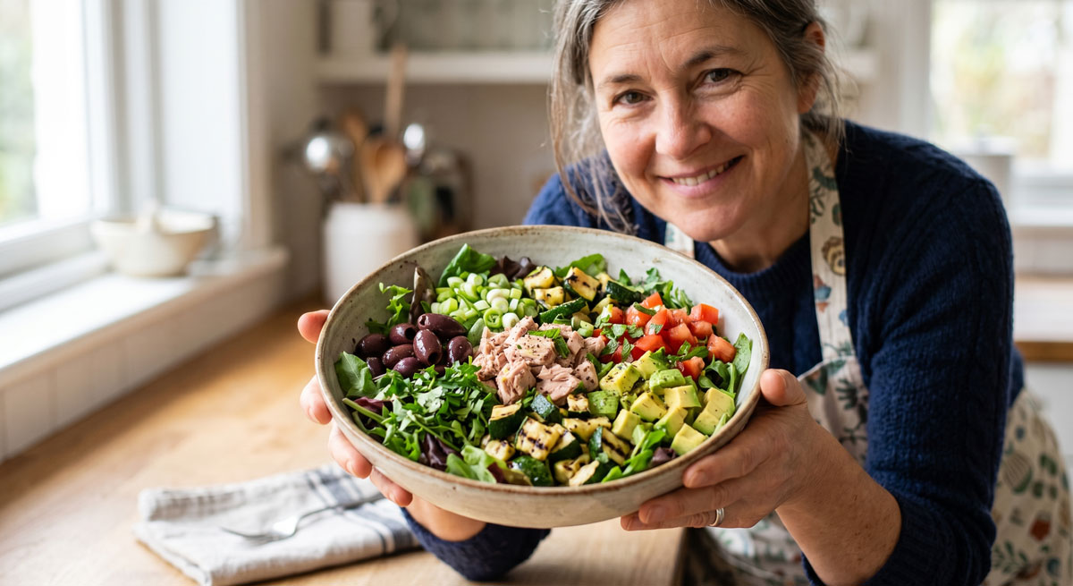 A close-up photograph of a smiling chef in an apron holding a large, vibrant bowl of homemade Tuna Fish Salad, full of avocado, olives, and grilled zucchini, in a bright home kitchen