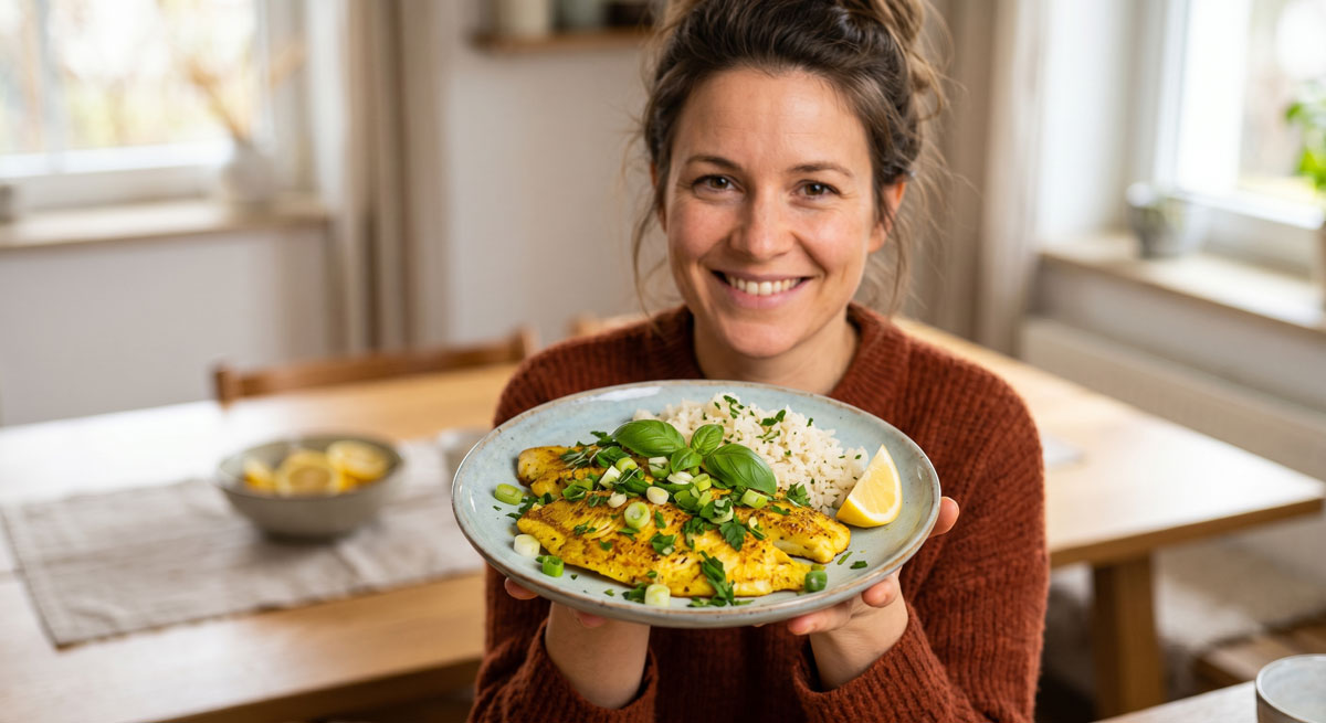 A happy woman holds a plate of seared Turmeric Tilapia with fresh spring onions, basil, and a lemon wedge, served with rice in a home kitchen.