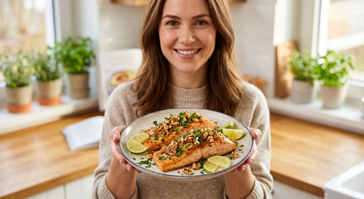 A smiling woman standing in a bright kitchen holding a delicious plate of Walnut Salmon Mix, featuring golden pan-seared salmon topped with toasted walnuts, sautéed shallots, and fresh parsley.
