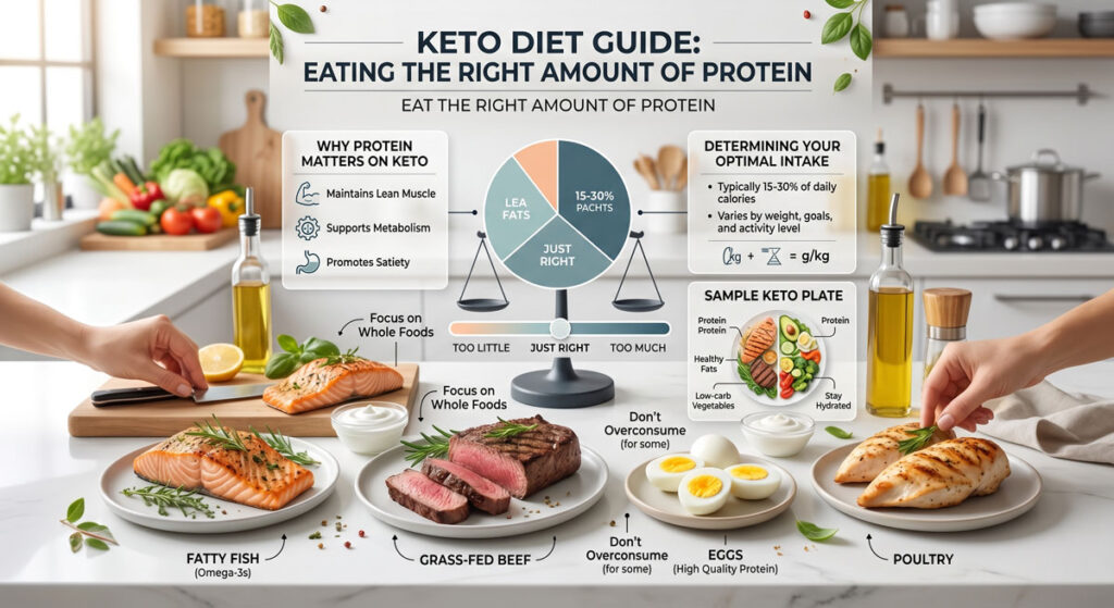 Infographic showing a keto diet guide with labeled food plates (fatt y fish, grass-fed beef, eggs, poultry) and a central balance chart on a kitchen counter, promoting protein portions and healthy fats.