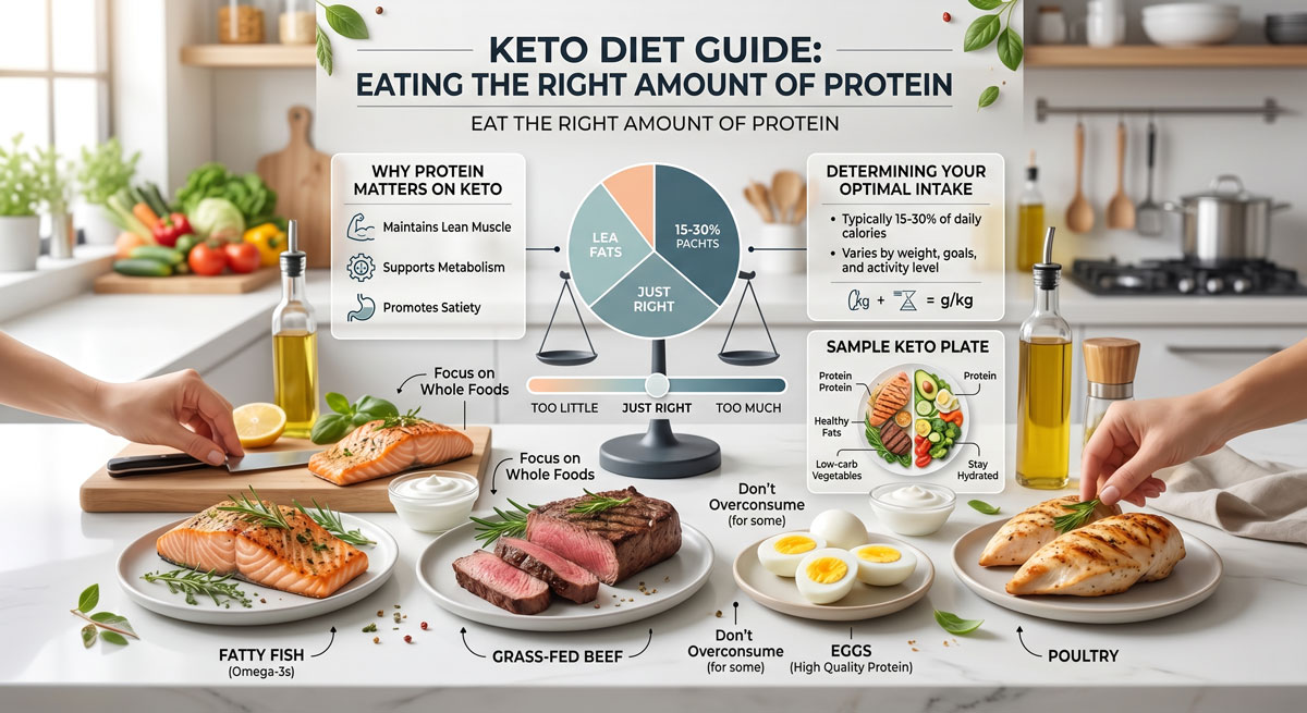 Infographic showing a keto diet guide with labeled food plates (fatt y fish, grass-fed beef, eggs, poultry) and a central balance chart on a kitchen counter, promoting protein portions and healthy fats.