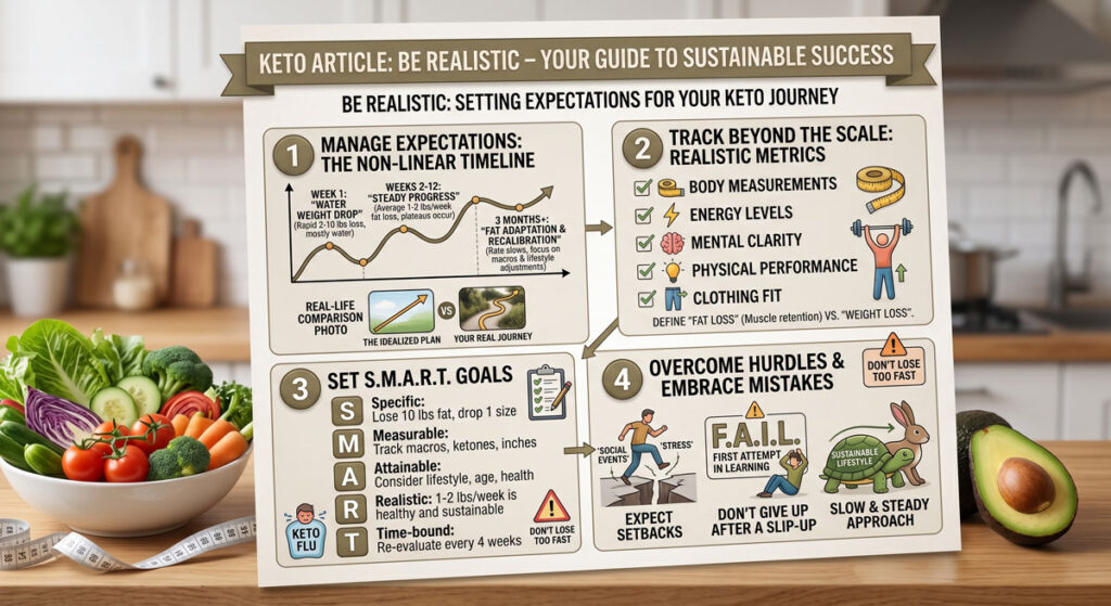 Keto guide infographic on a kitchen counter showing four steps: manage expectations, track metrics, set SMART goals, and overcome hurdles; vegetables sit nearby in a bowl and a measuring tape lies at the edge of the counter.