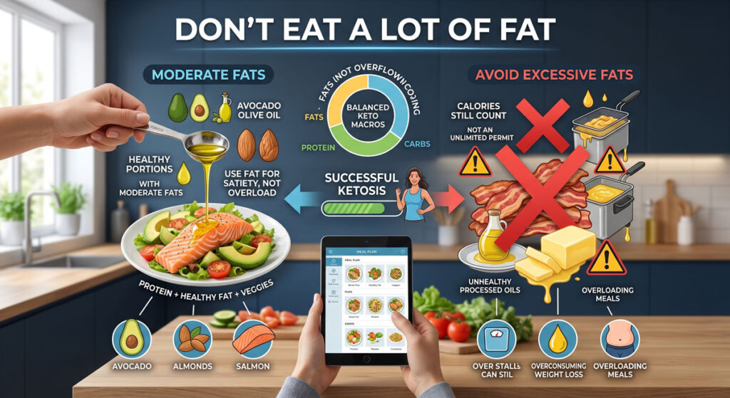 Infographic showing don’t eat a lot of fat: moderation fats on left with avocado, olive oil, nuts; avoid excessive fats on right with butter, oil, bacon; balanced keto macros in center.