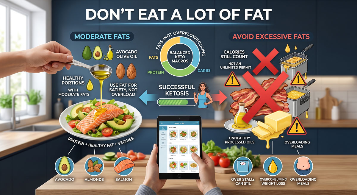 Infographic showing don’t eat a lot of fat: moderation fats on left with avocado, olive oil, nuts; avoid excessive fats on right with butter, oil, bacon; balanced keto macros in center.