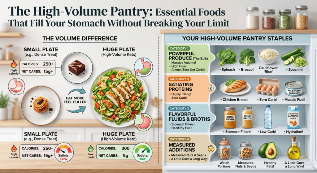 Infographic comparing small and huge plates, illustrating how higher-volume foods can satisfy with similar calories and carbs.