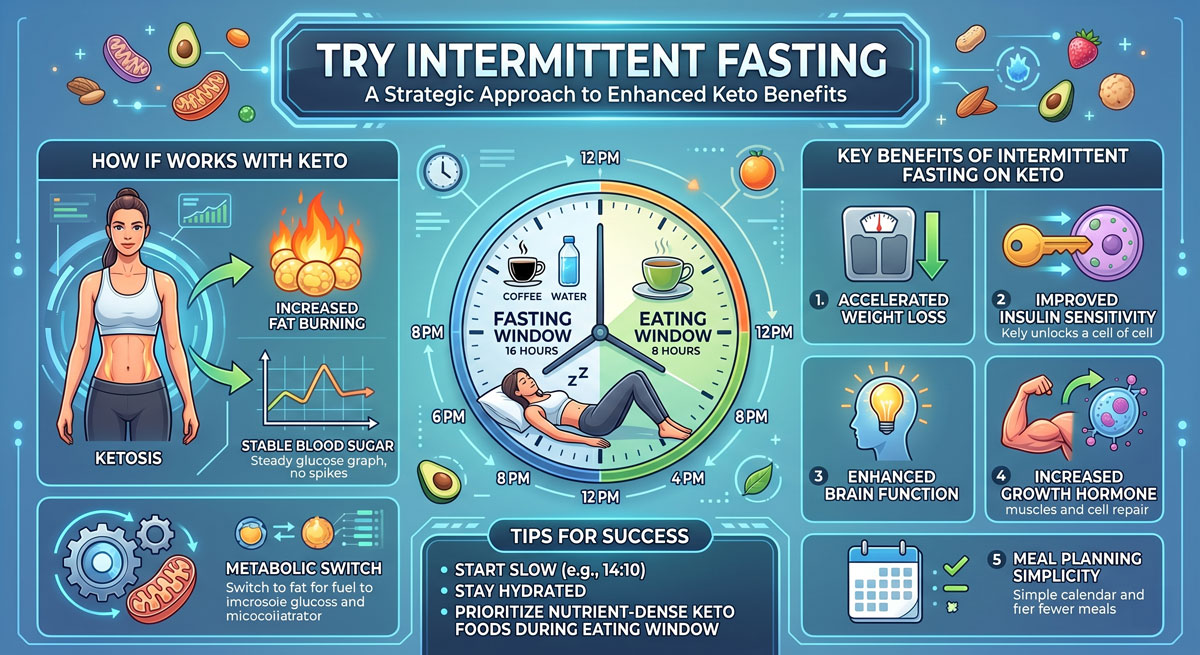 Infographic about intermittent fasting: charted benefits, fasting/eating windows, and tips for keto-style approach.