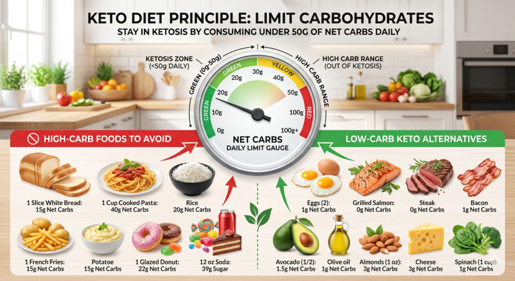 Keto diet infographic with a central carb gauge showing green to red, left side lists high-carb foods to avoid, right side shows low-carb keto alternatives.