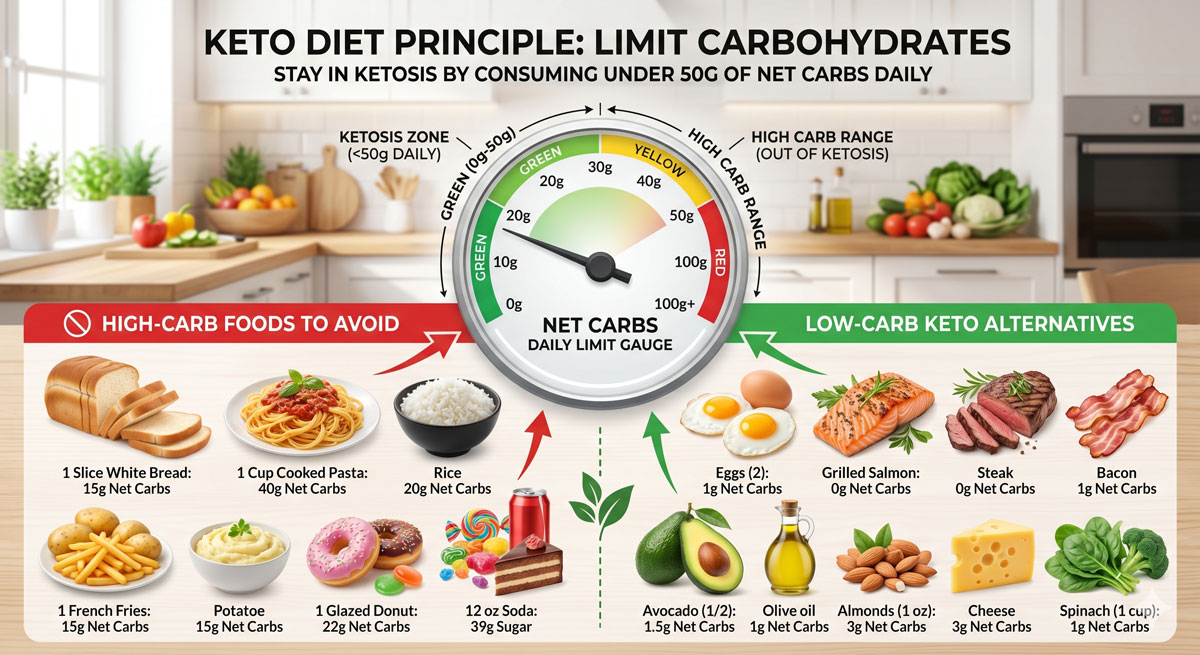 Keto diet infographic with a central carb gauge showing green to red, left side lists high-carb foods to avoid, right side shows low-carb keto alternatives.