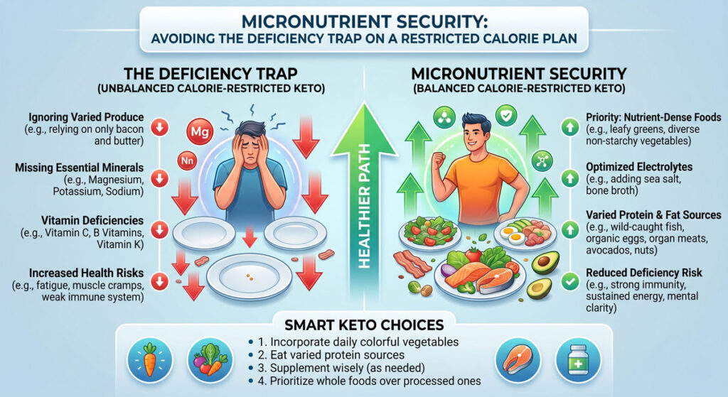 Infographic comparing the deficiency trap versus micronutrient security on a healthier keto path, with arrows and food plates separating the two sides.