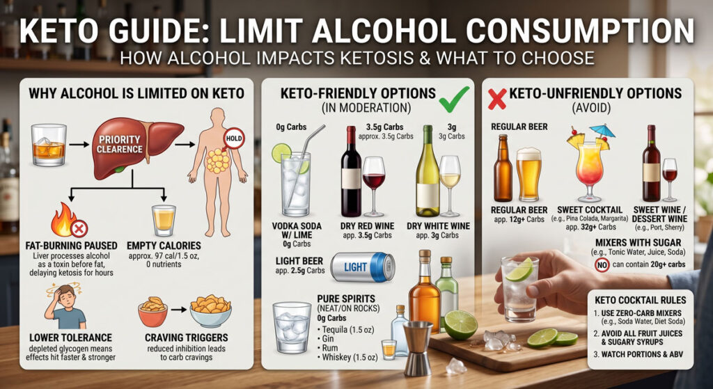 Keto guide infographic: why alcohol is limited on keto, plus keto-friendly vs keto-unfriendly drink options and tips for maintaining ketosis.
