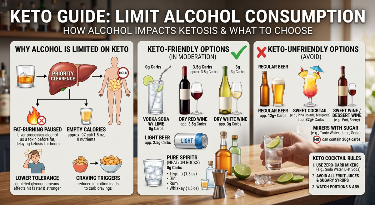 Keto guide infographic: why alcohol is limited on keto, plus keto-friendly vs keto-unfriendly drink options and tips for maintaining ketosis.