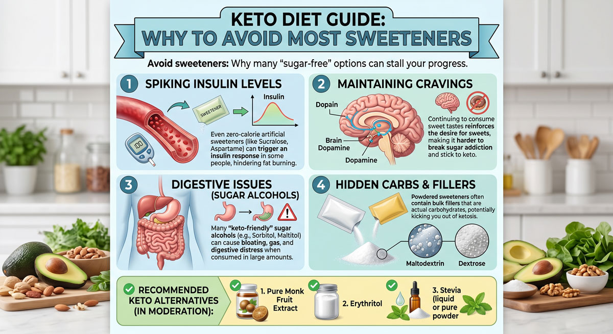 Keto diet infographic explaining why to avoid sweeteners, with sections on insulin, cravings, digestion, and hidden carbs. Includes four panels and a ‘recommended keto alternatives’ row.