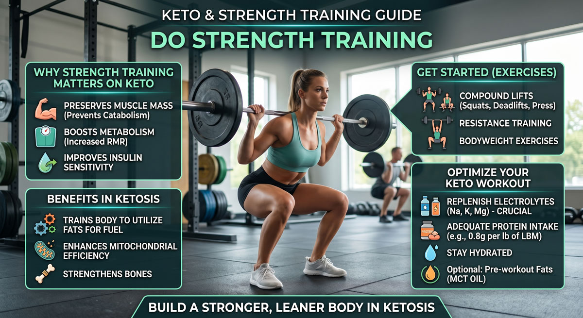 Keto and strength training infographic showing a woman squatting with a barbell and panels about benefits, starter exercises, and keto tips.
