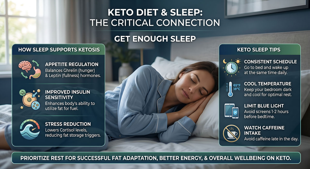 Sleeping woman in bed with two teal panels explaining keto sleep benefits (left) and tips (right).