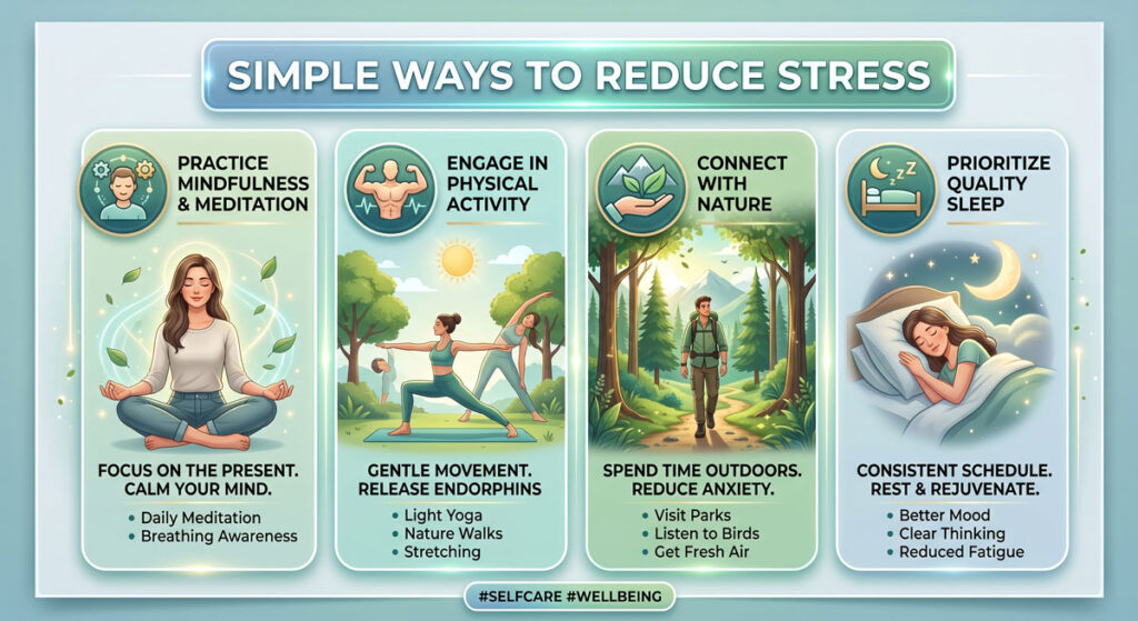 Infographic titled Simple Ways to Reduce Stress with four panels: mindfulness meditation, physical activity, nature, and quality sleep, plus tips under each.