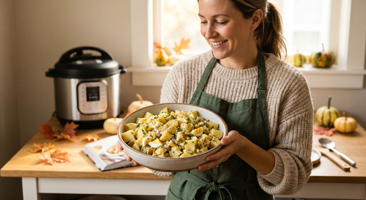 A friendly food blogger wearing a green apron holds a rustic ceramic bowl filled with Autumn Potatoes Salad, featuring chunky potatoes, hard-boiled eggs, and fresh herbs. In the background of the warm, naturally lit kitchen, an Instant Pot pressure cooker and mini decorative pumpkins are visible on a wooden table.