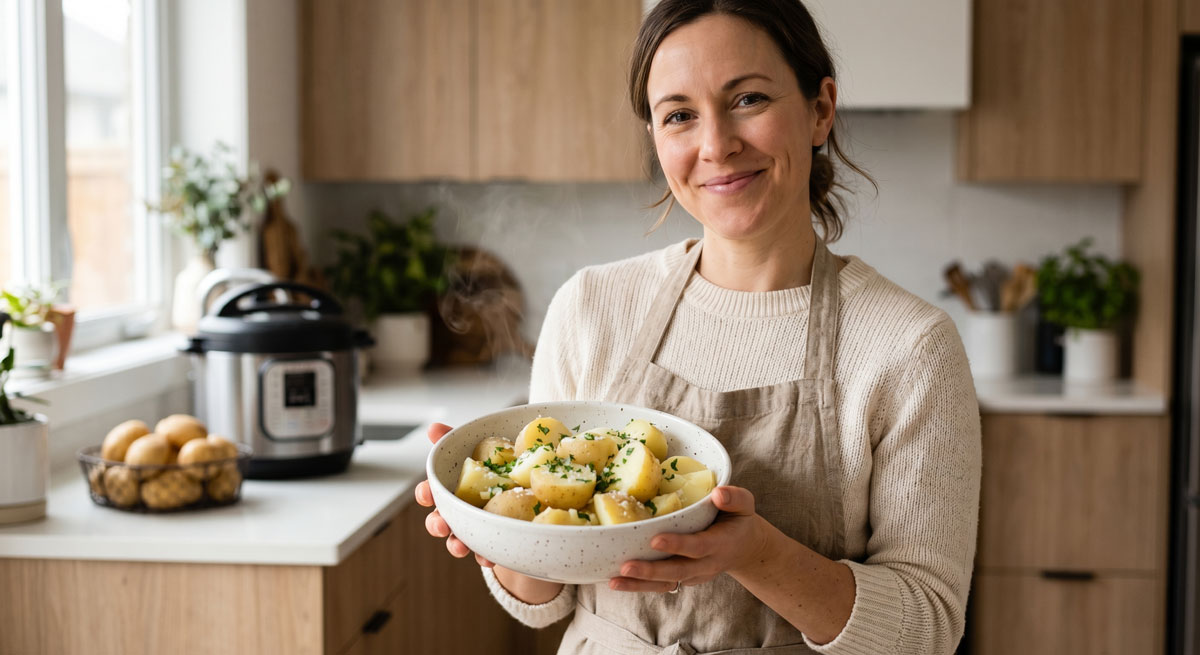 Smiling woman in a beige apron holds a bowl of herb-garnished potatoes in a modern kitchen.
