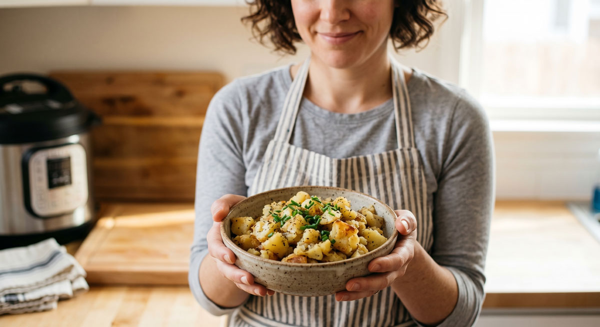 Woman in a striped apron offers a bowl of roasted potatoes garnished with chives in a bright kitchen.