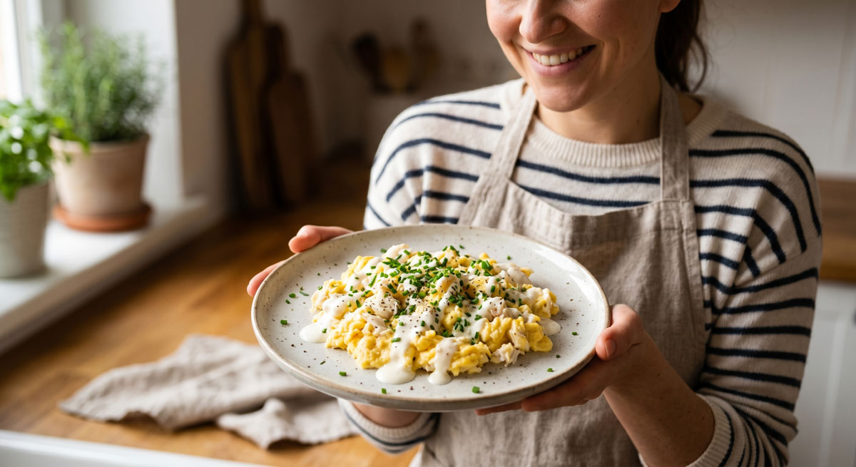 Smiling person in a striped shirt and apron presents a plate of scrambled eggs with herbs on a speckled ceramic dish in a bright kitchen.