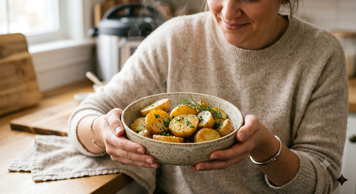 A smiling woman wearing a cozy sweater holds out a rustic ceramic bowl filled with golden, steaming Crispy Potatoes garnished with fresh parsley and rosemary in a home kitchen setting.