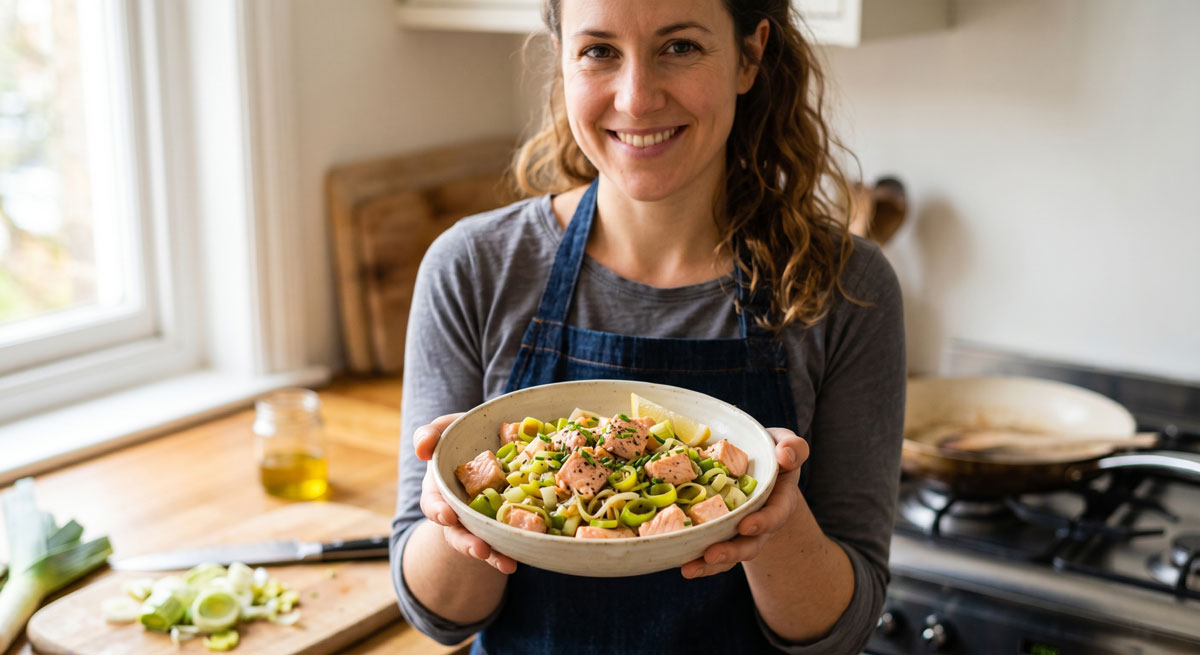 A smiling woman wearing an apron holds a rustic bowl of freshly prepared Fish and Leek Sauté, showcasing the vibrant green leeks and cooked diced trout.