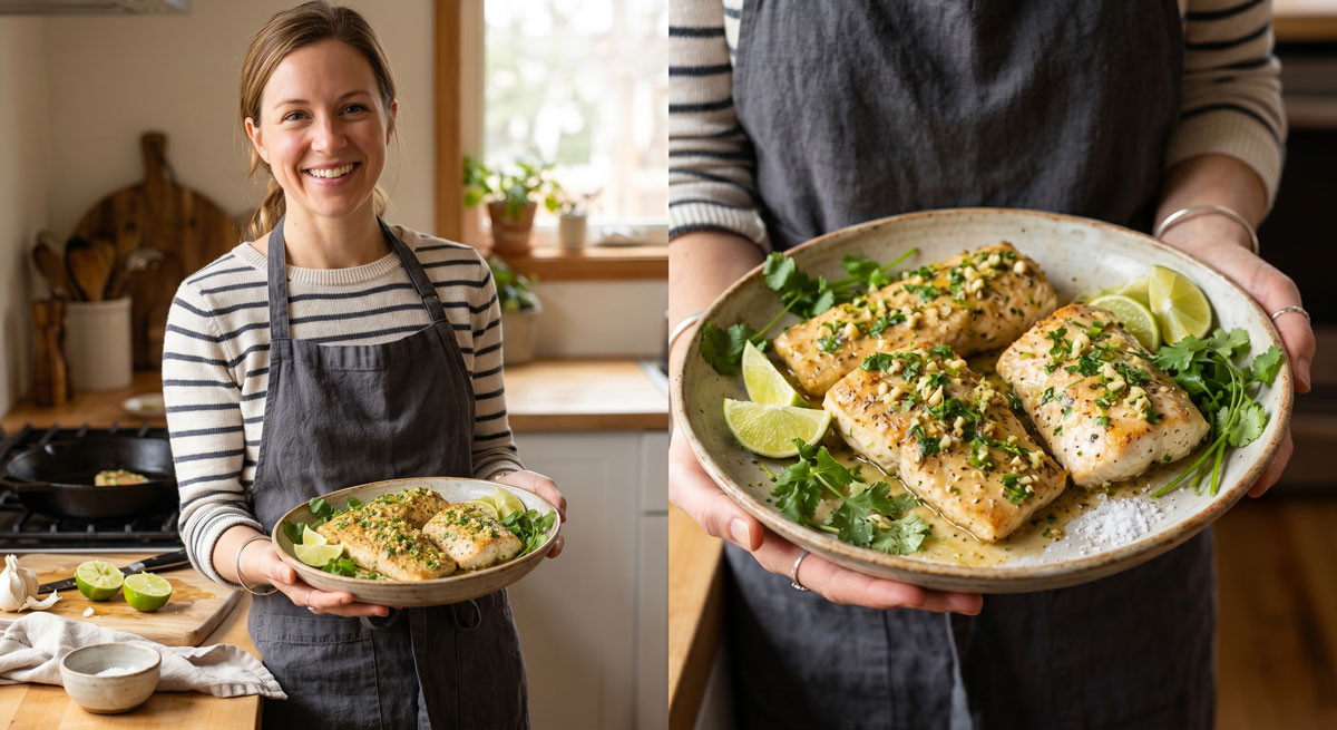 A smiling woman standing in a bright kitchen, holding a rustic ceramic bowl filled with freshly cooked Garlic Lime Mahi-Mahi, garnished with chopped cilantro and lime wedges.