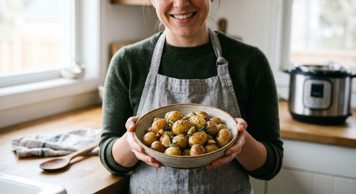 A smiling woman wearing an apron holds a rustic bowl filled with seasoned Garlic Roasted Potatoes garnished with fresh rosemary and garlic cloves in a kitchen setting.