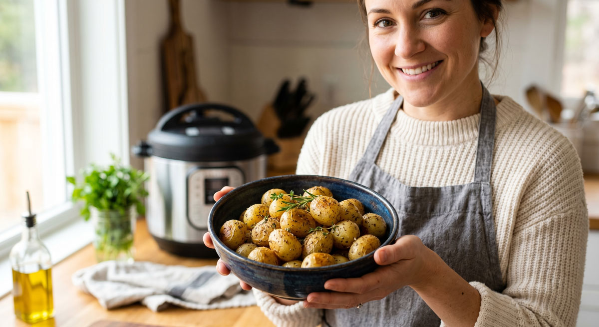 A food blogger holding a bowl of Herb Roasted New Potatoes made in an Instant Pot.