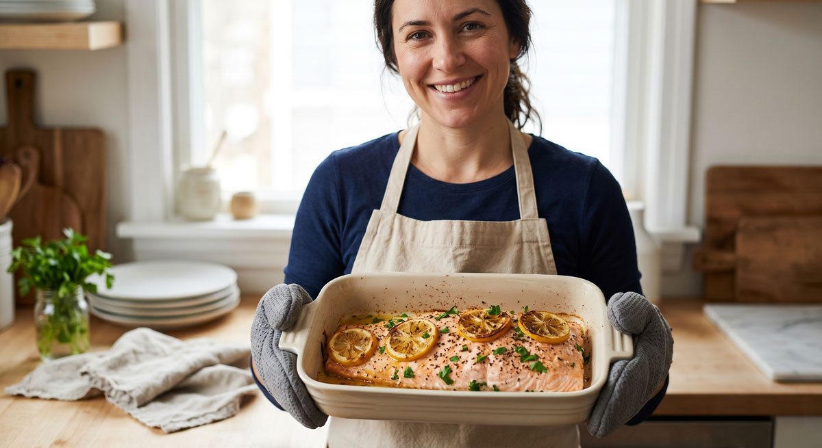 A food blogger holding a baking dish filled with fresh Keto Baked Salmon with lemon slices and butter, presenting the finished dish in a bright kitchen setting.