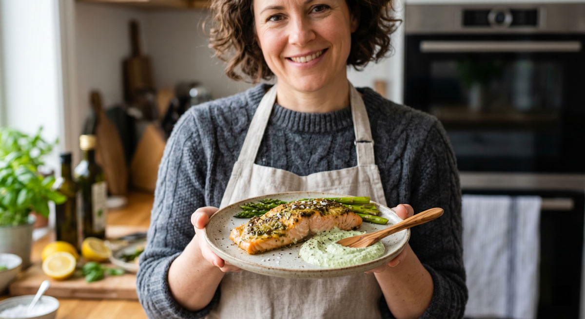 A smiling woman in a grey sweater and beige apron holding a plate of delicious Keto Baked Salmon with Pesto, green sauce, and asparagus in a bright kitchen setting.