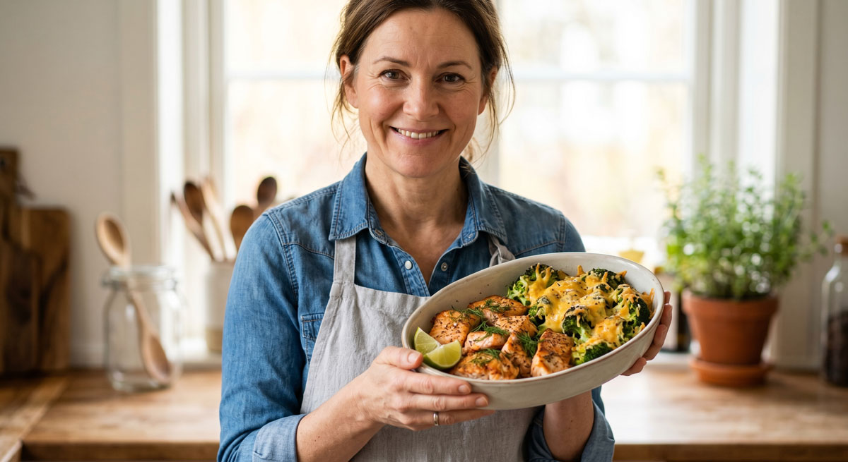 A smiling woman holding a delicious baking dish of Keto Fried Salmon paired with golden, cheesy baked broccoli and fresh lime wedges in a bright kitchen.