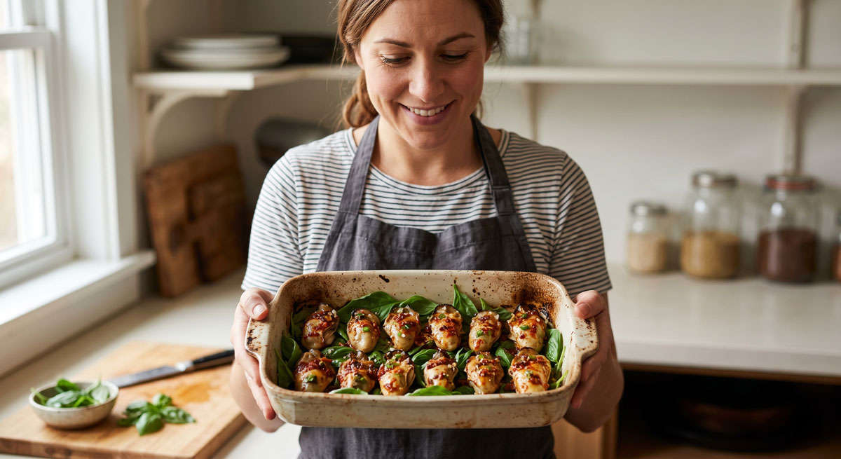 A smiling woman in a bright kitchen holding an oven-safe dish of freshly broiled Keto Spicy Oysters resting on a bed of fresh green basil leaves.