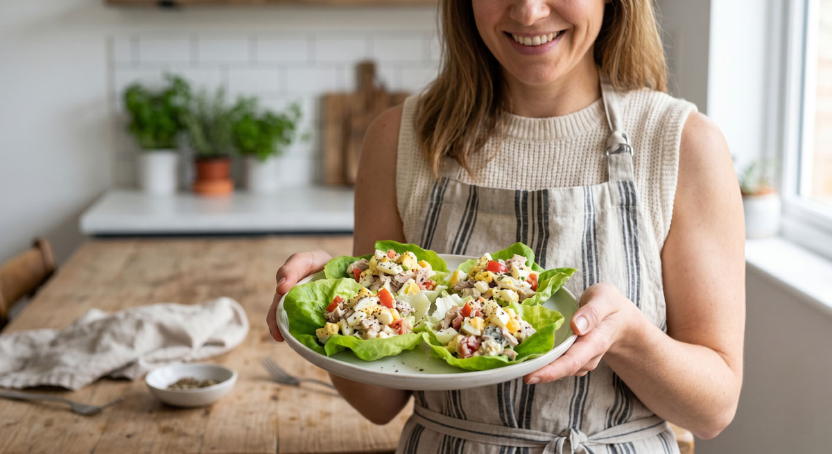 A woman in a striped apron holds a plate of four low-carb Mackerel Lettuce Cups filled with fresh grilled mackerel, hard-boiled eggs, and tomatoes in a rustic kitchen setting.