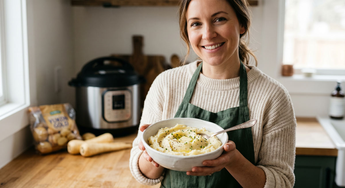 Alt Text: A smiling chef holding a rustic white bowl of creamy Mashed Potatoes and Parsnips topped with melting butter and herbs, with an Instant Pot in the background.