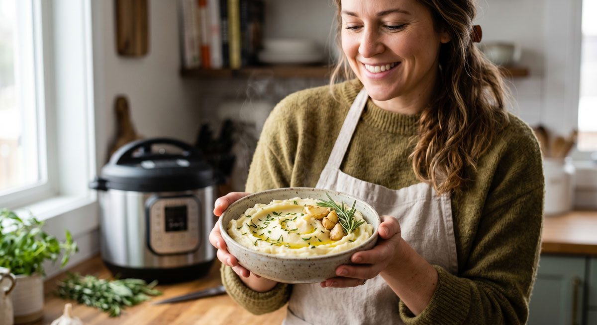 A smiling woman holding a rustic bowl of creamy Garlic Rosemary Mashed Potatoes garnished with roasted garlic cloves and fresh herbs, with an Instant Pot in a bright kitchen background.
