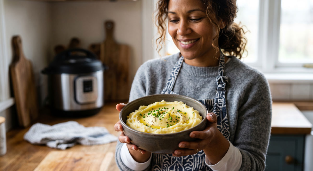 A smiling woman in an apron holds a rustic bowl filled with creamy, delicious Instant Pot Mashed Potatoes garnished with chives, standing in a cozy kitchen with an Instant Pot visible on the counter.
