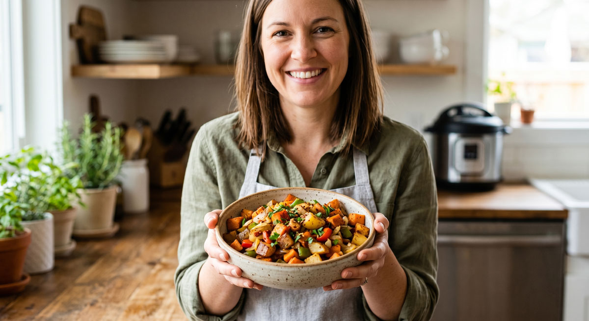 A smiling woman in a green shirt and apron presenting a bowl of roasted vegetables in a bright kitchen.
