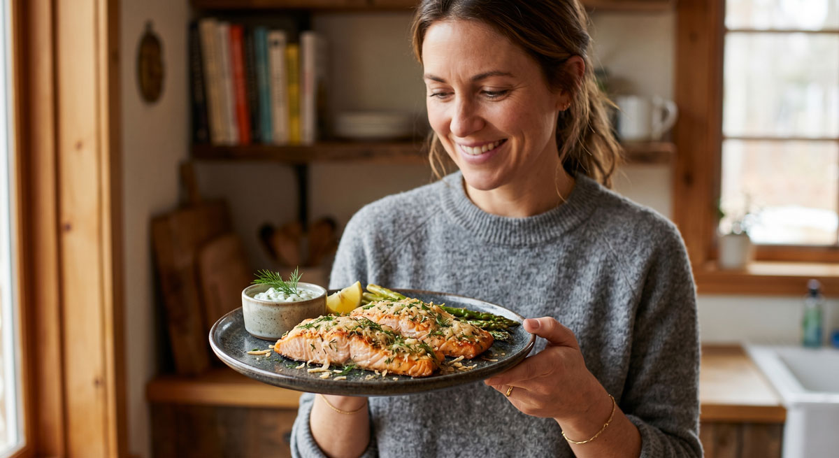 A smiling woman holding a rustic ceramic plate featuring beautifully golden Roasted Salmon with Parmesan Dill Crust, served alongside fresh asparagus and a creamy dill sauce.