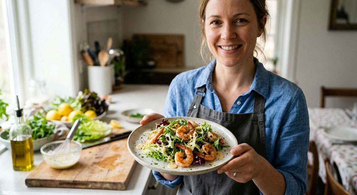 A smiling female chef holding a freshly prepared Tiger Prawn Salad over mixed lettuce greens with a creamy lemon dijon dressing in a bright, modern kitchen.