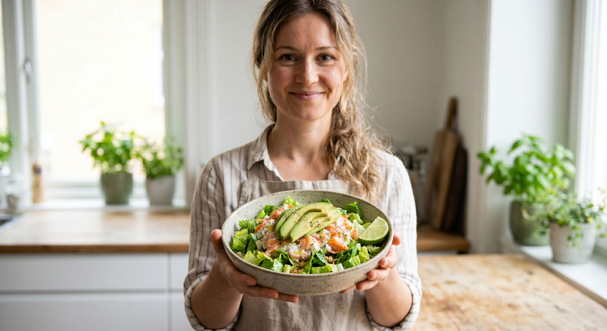 A smiling woman standing in a bright kitchen holding a fresh bowl of Smoked Salmon Salad with Avocado, crisp romaine lettuce, and a creamy citrus dressing.